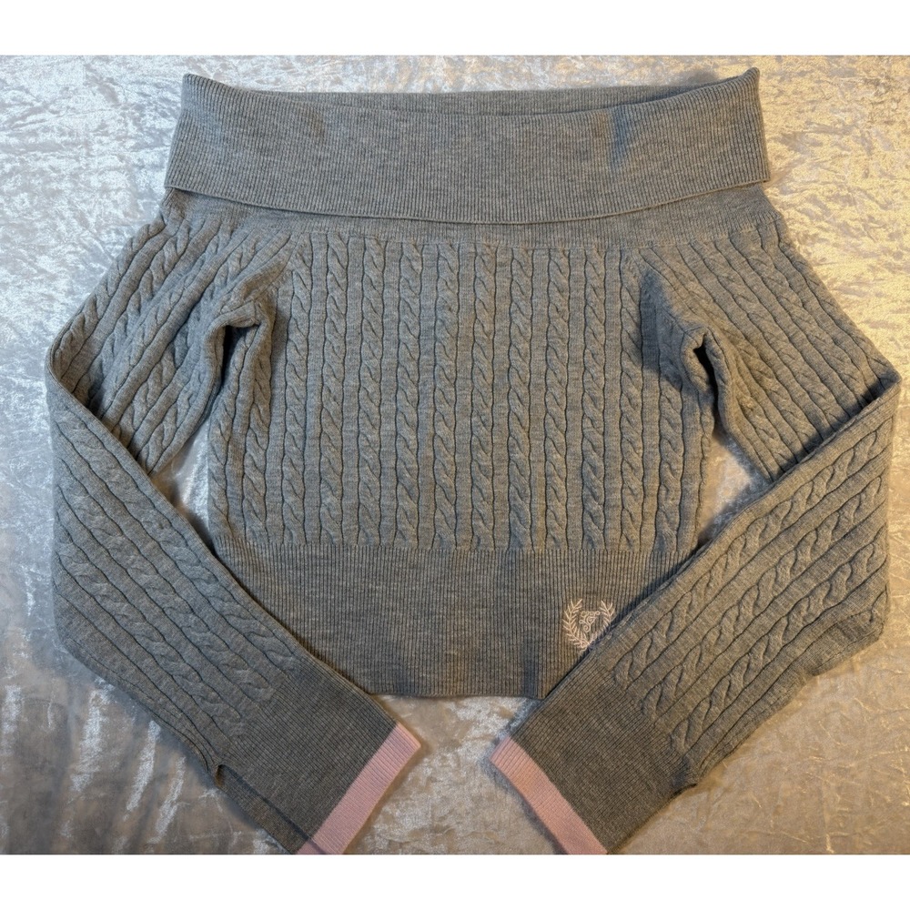 PINK x LoveShackFancy Sweater Womens S Gray Cable Knit Off Shoulder NWT